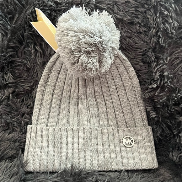Michael Kors Light Gray Knit Beanie with Pom - Picture 2 of 3